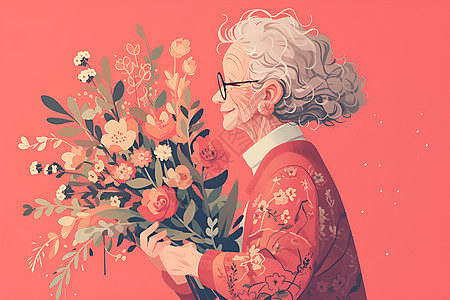 可爱的奶奶拿着花束图片