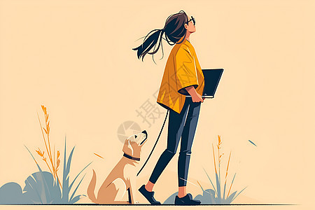 女孩遛狗散步的插画图片