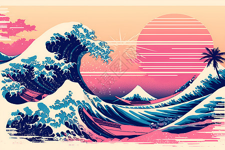 海浪巨浪下的粉色夕阳图片
