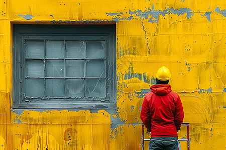 黄墙前的涂漆工人图片