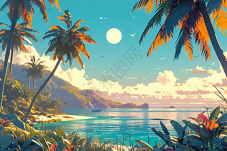 热带海滩上的椰子树图片