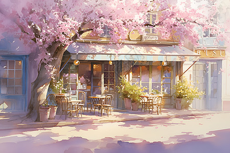 画作的花树和咖啡店图片
