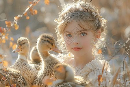 可爱的小女孩和鸭子图片