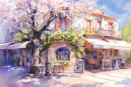 咖啡屋前的樱花树插画图片