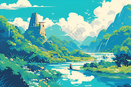 山脉中的古堡和河流图片
