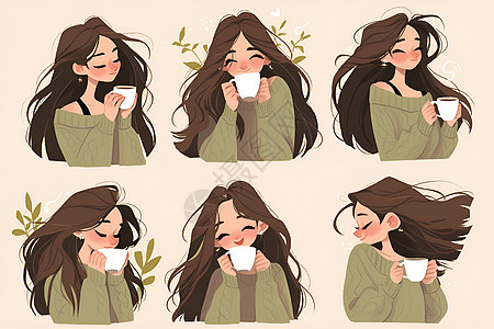 长发女子喝咖啡图片