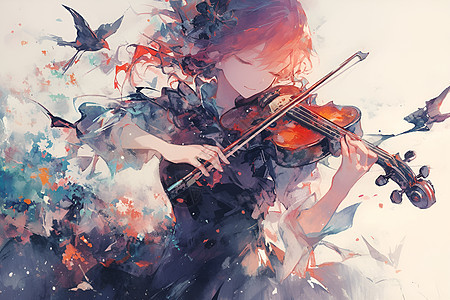 红发少女弹奏小提琴图片