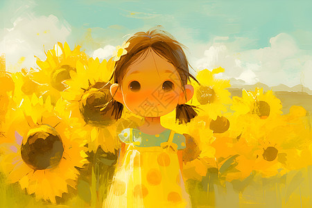 画作的女孩和太阳花图片