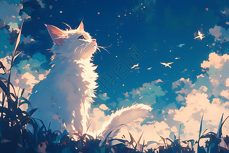 天空下一只白猫图片