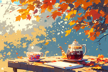 秋叶下的茶壶图片