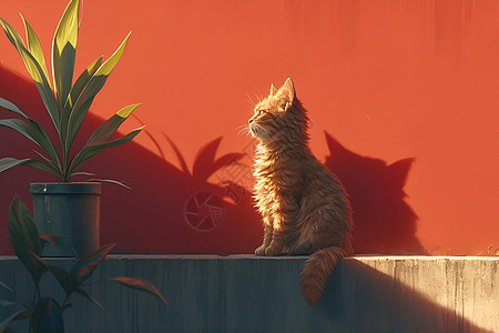 红砖墙上一只猫咪静图片