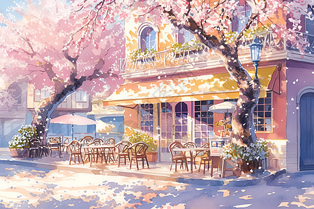 街道的咖啡店的春天图片