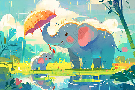 雨中嬉戏的大象图片
