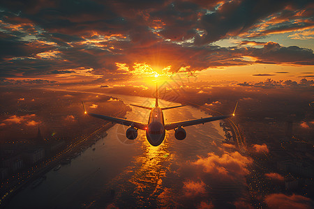 落日河流上的飞机图片