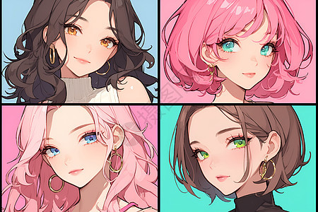 多彩发色的四个可爱女孩图片
