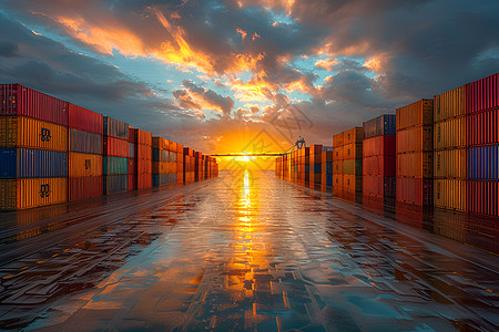 夕阳下的港口集装箱图片