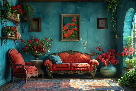 客厅里的沙发和花朵图片