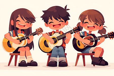 三个快乐的孩子在一起弹吉他图片