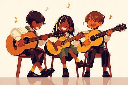 快乐的三个孩子在弹奏吉他图片