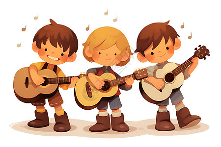 欢声笑语三个孩子弹奏吉他并欢快地唱歌图片