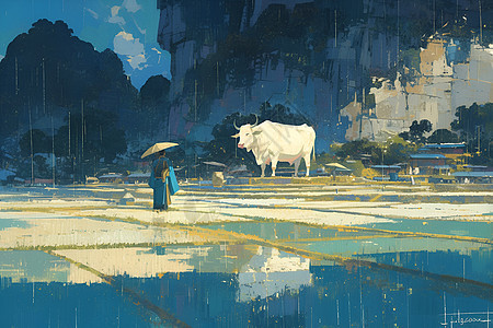 田间雨中的牛耕画图片