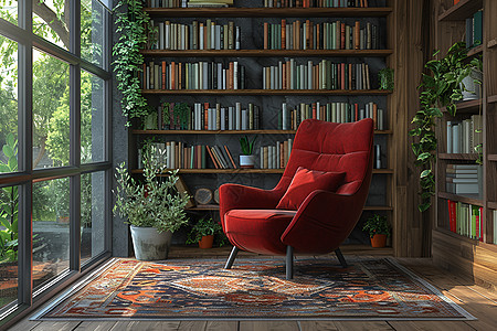 书架前的红色椅子图片