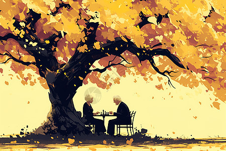 树木下坐着的老年夫妇图片