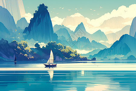 山谷湖泊中的木船图片
