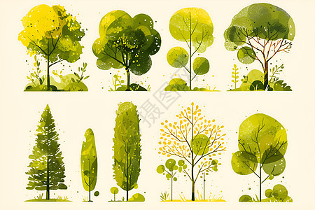 多种多样的绿树插画图片