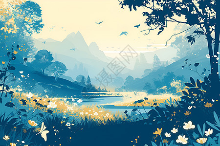山脉下的湖泊景色插画图片