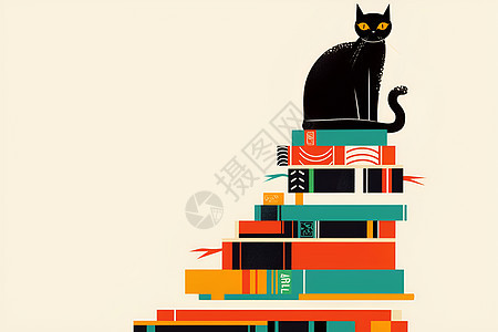 黑猫坐在五颜六色的书堆上图片