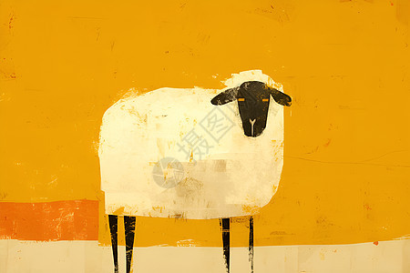 一只绵羊站在黄墙前图片