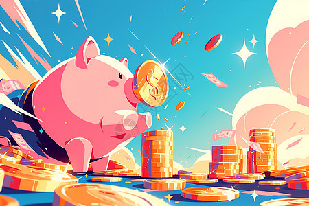 粉色小猪与金币的插画图片