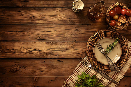 木质餐桌上的餐盘图片