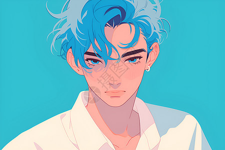 蓝色头发的少年插画图片
