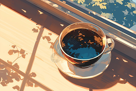 窗外树影倒映在咖啡杯中图片