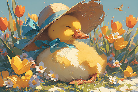可爱的鸭子在花丛中图片