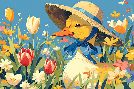 鸭子戴草帽在郁金香花海中图片