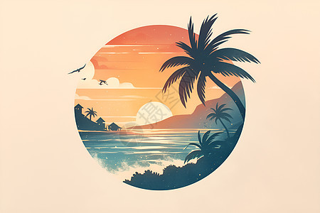 日落孤岛插画图片