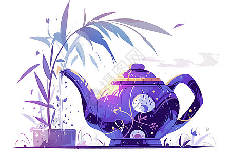 紫色茶壶与竹子图片