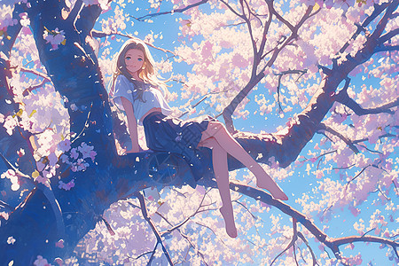 樱花树上的少女图片