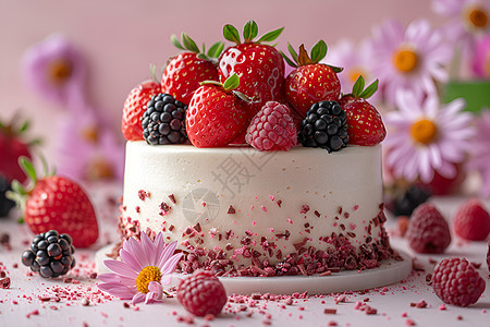 粉色蛋糕与浆果图片