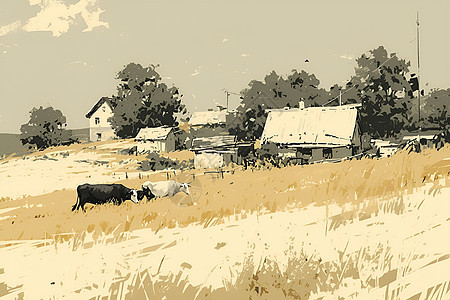 农村的住宅和牛儿图片