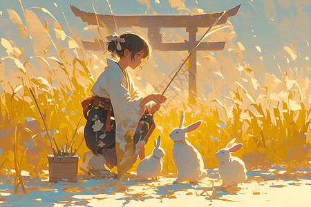 绘画的少女和兔子图片