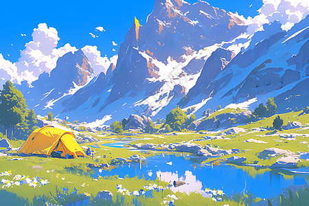 山谷中的帐篷插画图片
