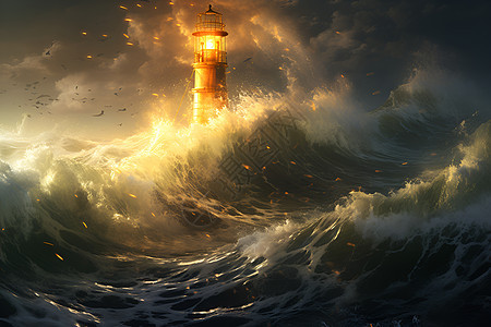 大浪中的灯塔图片