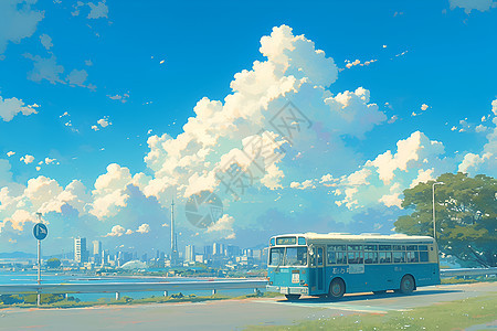 蓝色公交车穿越郊区图片