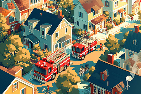 红色消防车在居民区图片