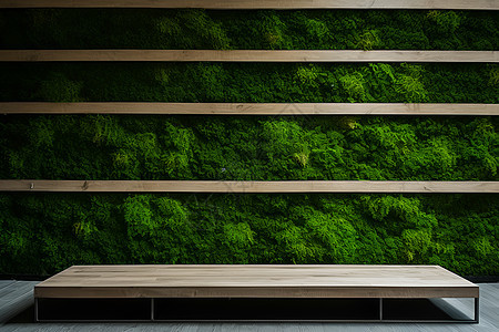 绿色墙壁下的木桌图片