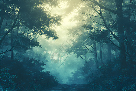森林迷雾中的树木图片